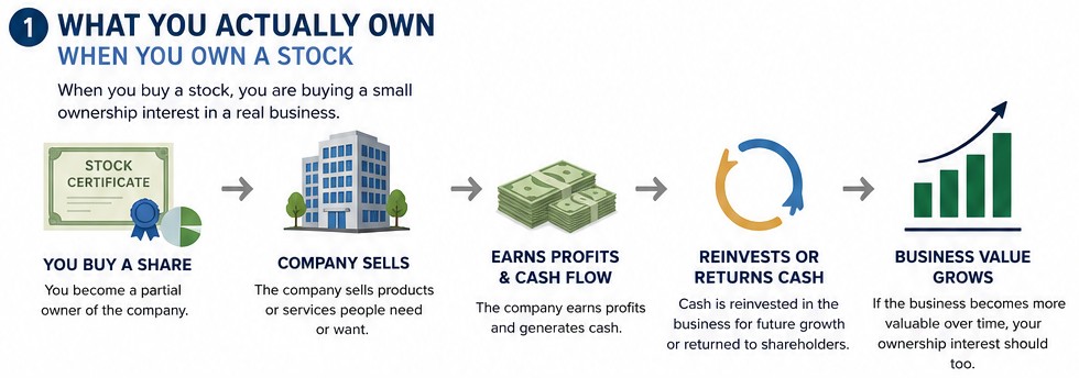 Infographic flow: buy a share, company ownership, earn profits, reinvest or return cash, and growth in business value.