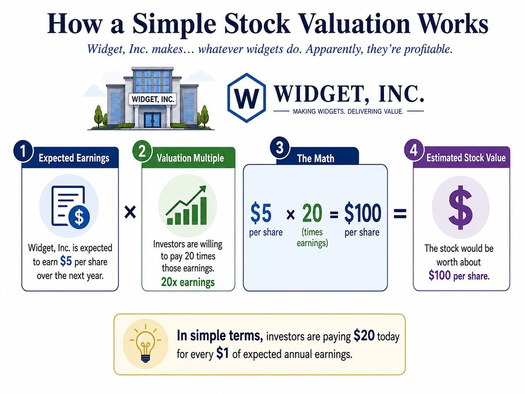 Infographic showing how Widget, Inc. values stock: earnings, multiple, math, and estimated value (roughly 0 per share).