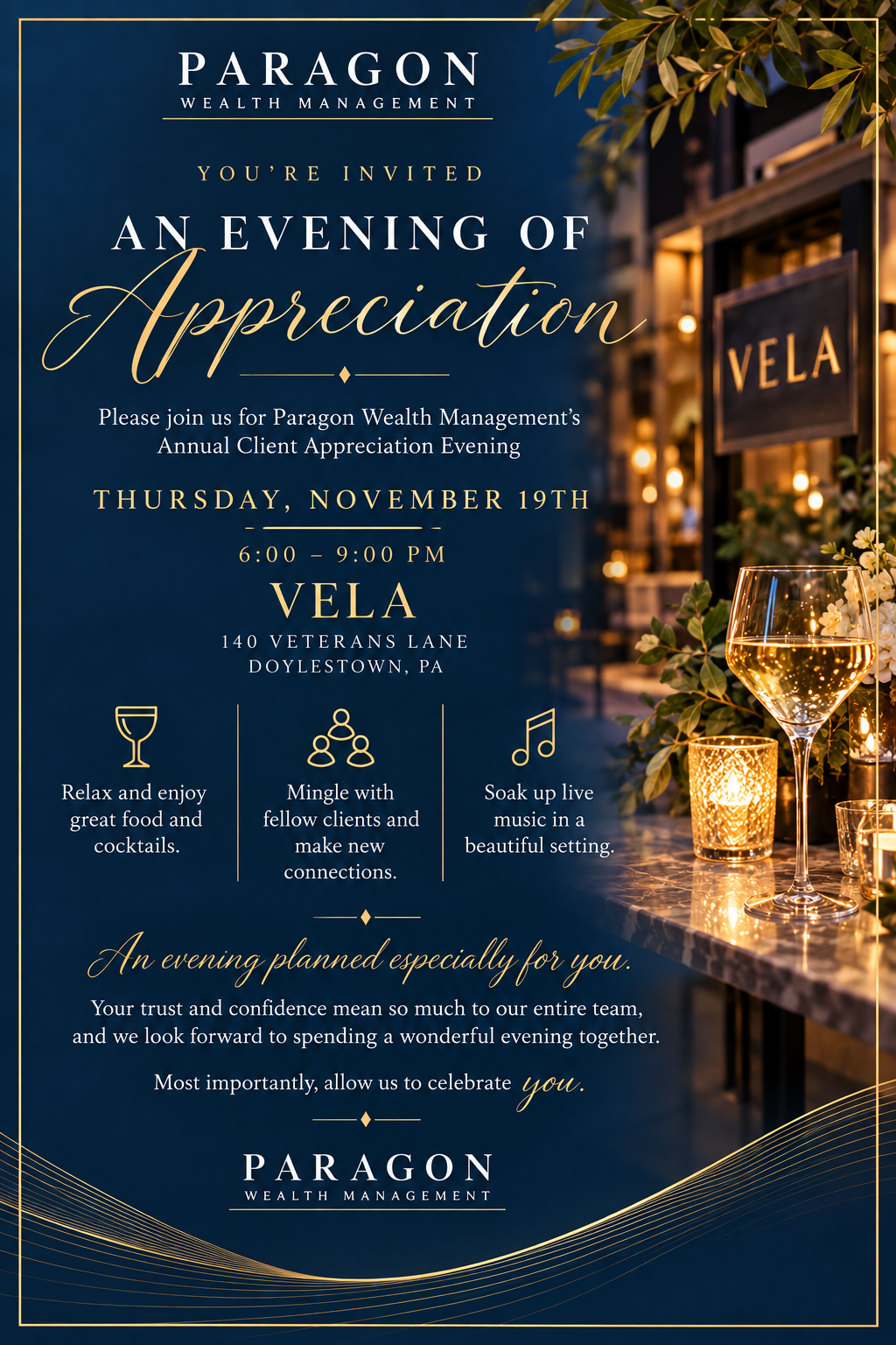 Promotional poster for Paragon Wealth Management’s An Evening of Appreciation at Vela, Nov 19, 6–9 pm, 140 Veterans Lane, Doylestown, PA.